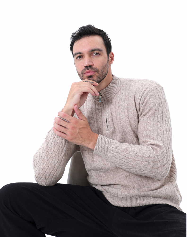 Pull Cachemire Tissé Mi-Zip